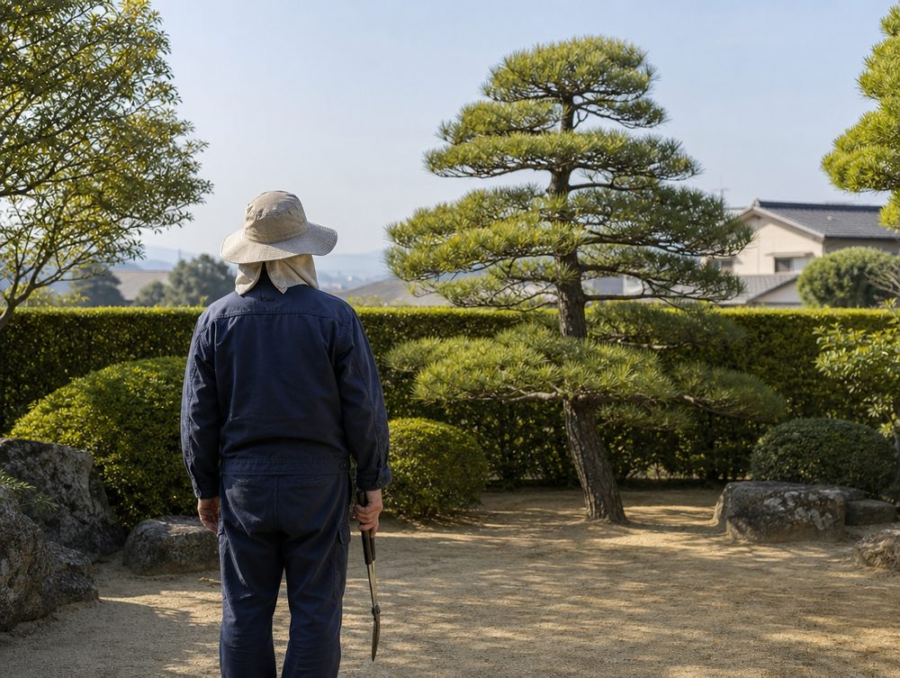 手入れを終えた庭を眺める職人の後ろ姿